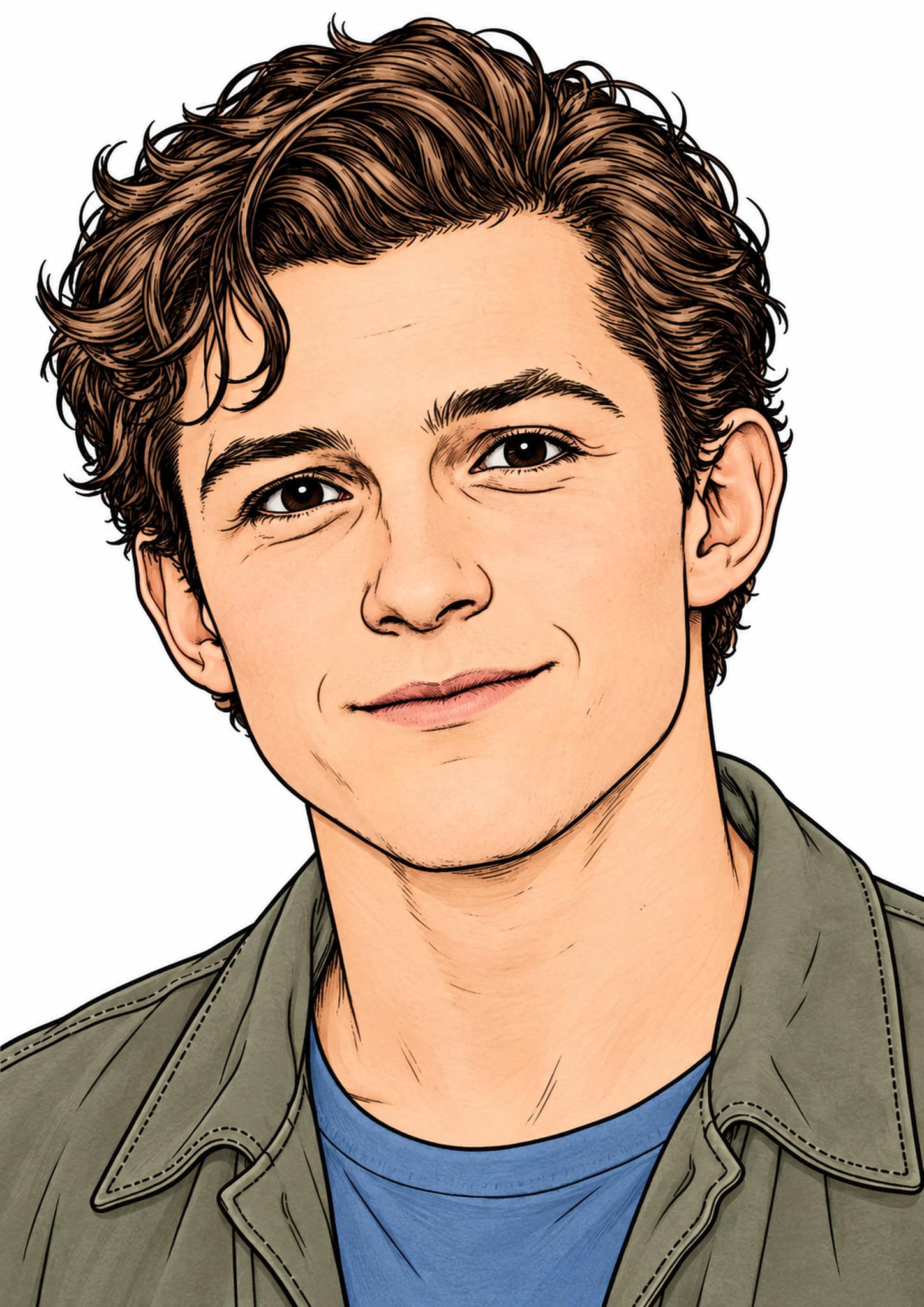 Illustrated portrait of Tom Holland with wavy brown hair, a blue shirt, and an olive jacket.