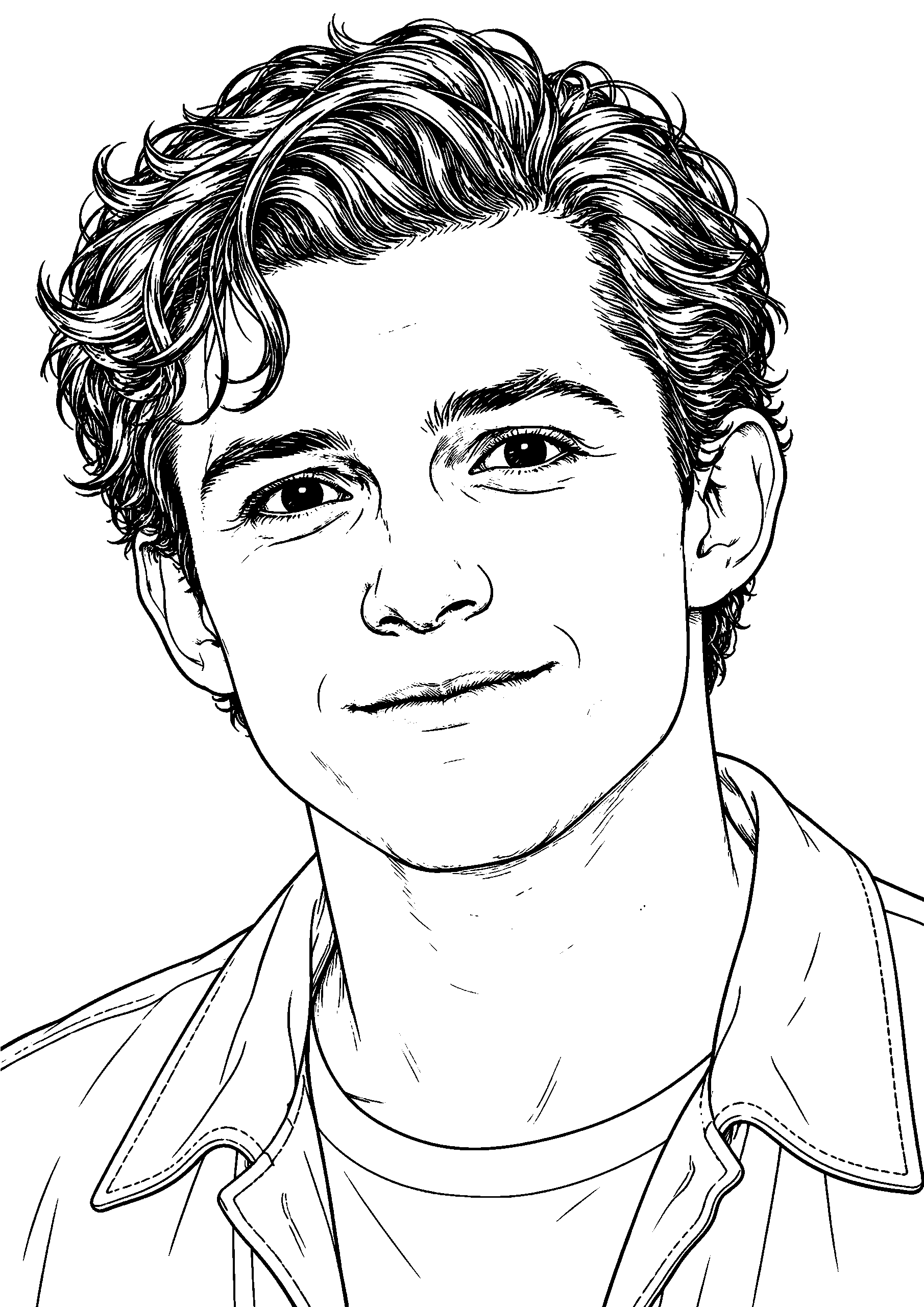 Portrait coloring page of Tom Holland with short, wavy hair and a slight smile, wearing an open shirt over a T-shirt.