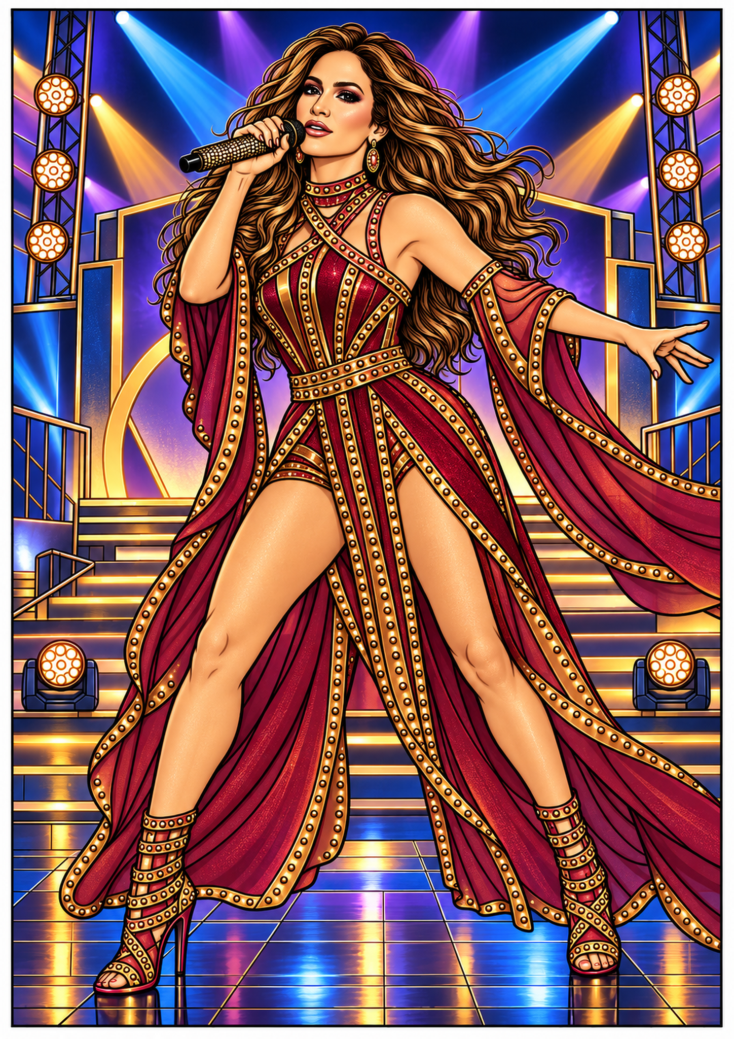 Jennifer Lopez sings into a microphone on a brightly lit stage in a burgundy and gold costume.