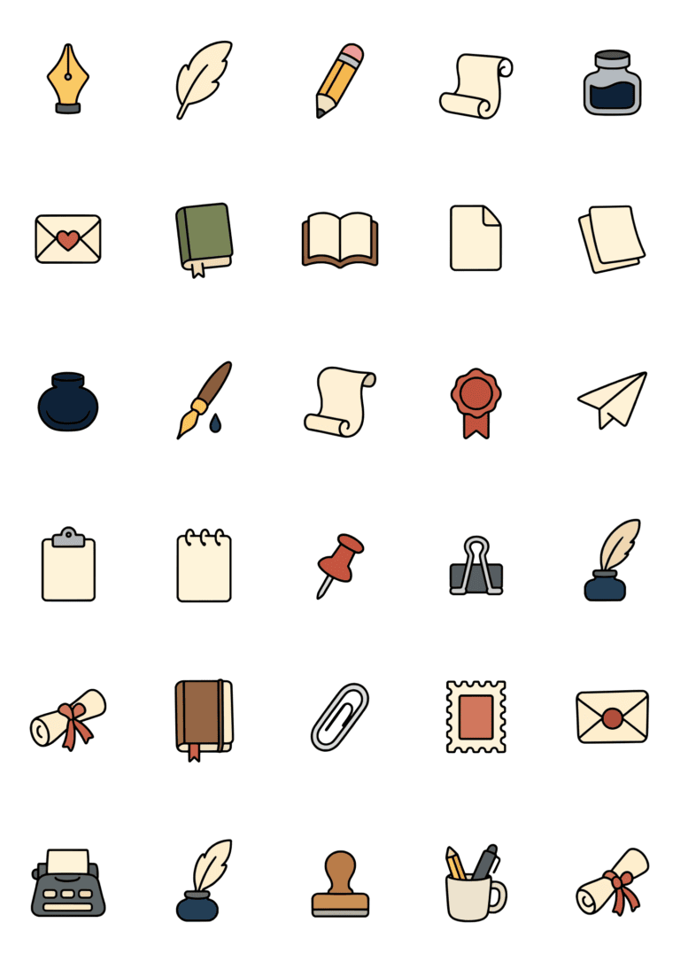 Colored example of the writing tiny tattoo sheet, with 30 motifs in six rows and a palette of cream, blue, gray, ochre.
