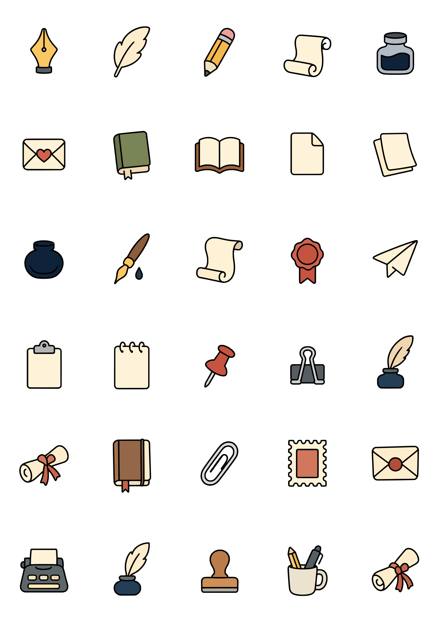 Colored example of the writing tiny tattoo sheet, with 30 motifs in six rows and a palette of cream, blue, gray, ochre.