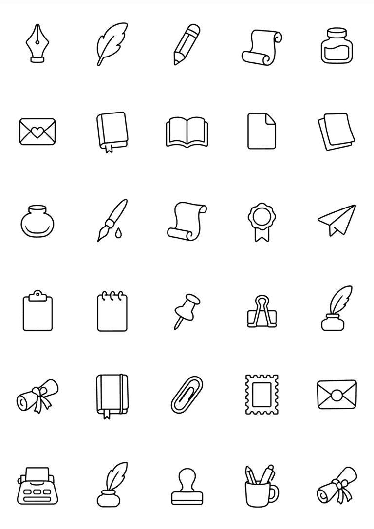 Black-and-white coloring and tiny tattoo sheet with 30 separate designs: pens, quills, pencils, notebooks, scrolls, envelopes and small paper objects.