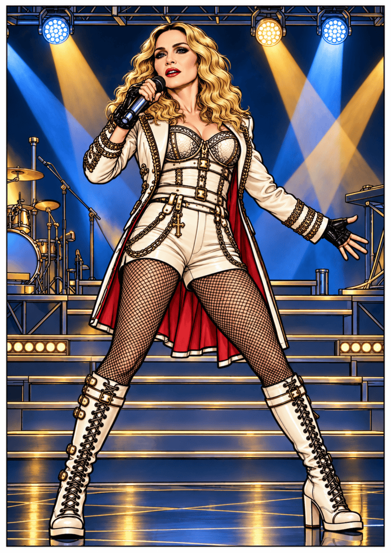 Illustrated Madonna singing under blue and gold spotlights in a white and gold stage outfit.