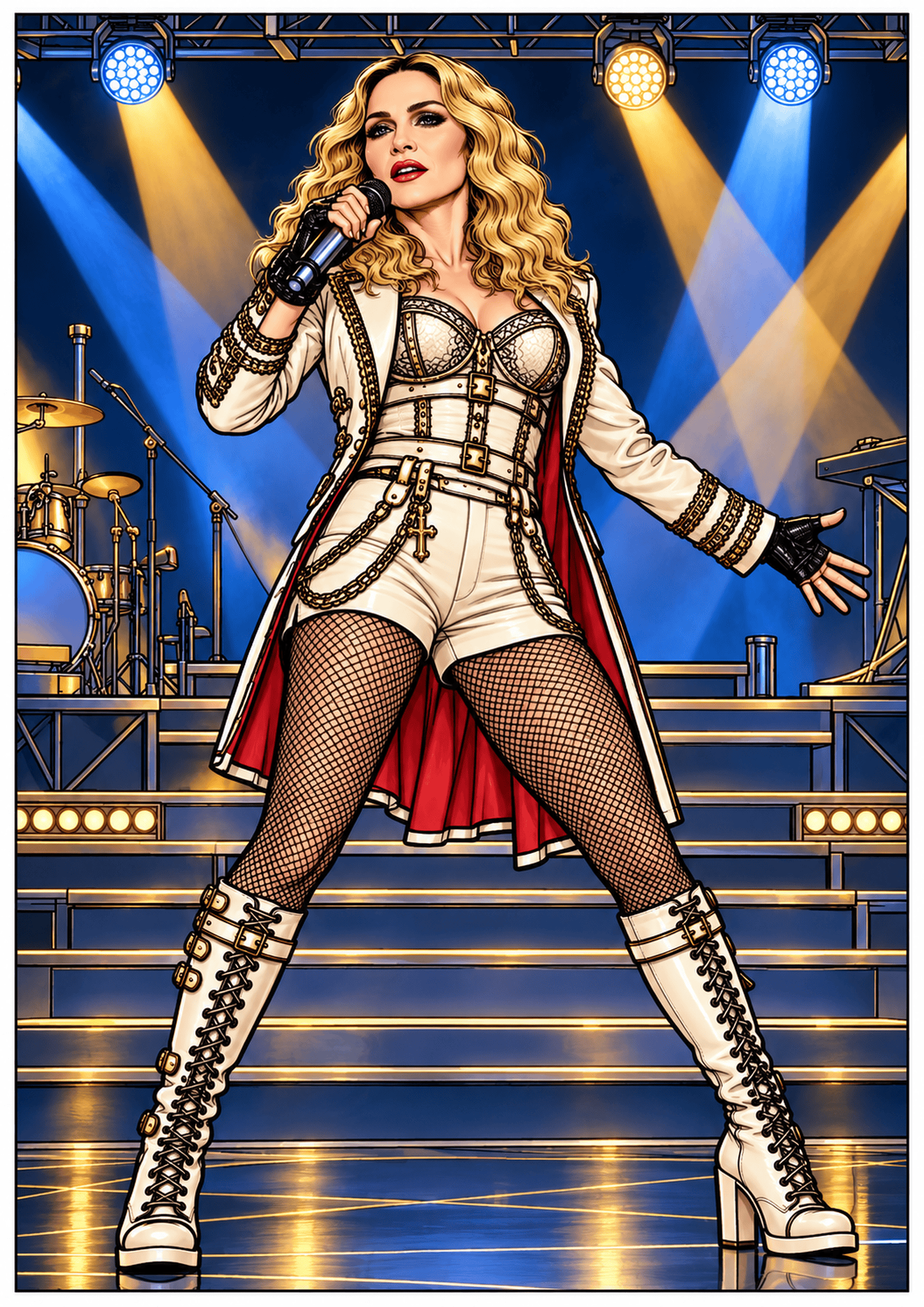 Illustrated Madonna singing under blue and gold spotlights in a white and gold stage outfit.