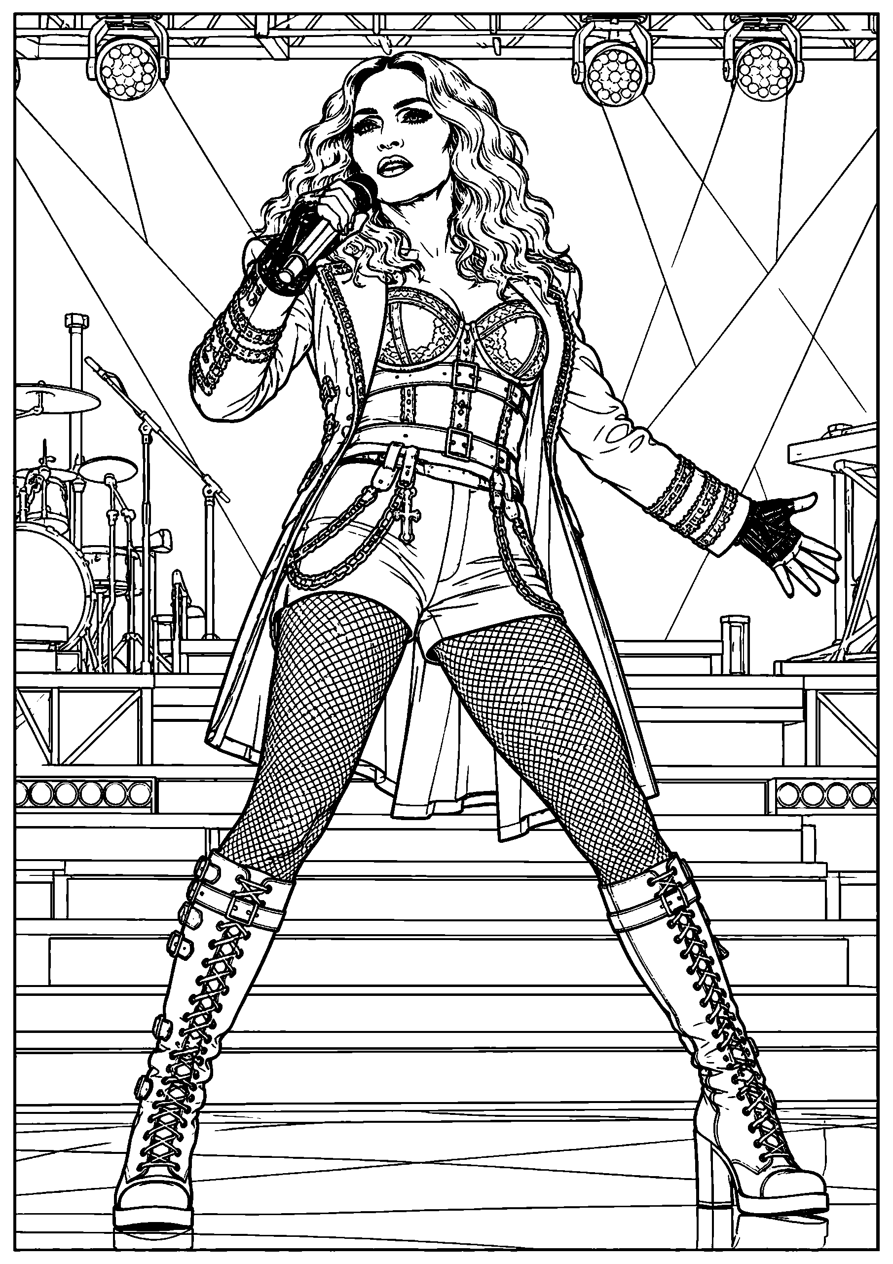 Coloring page of Madonna singing into a microphone onstage, wearing a corset, shorts and tall lace-up boots.