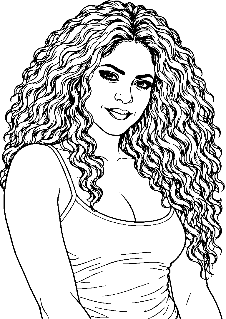 Portrait coloring page of Shakira smiling with long curly hair, wearing a top with wide straps.