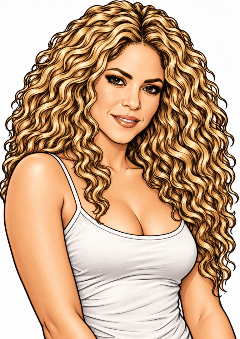 Illustrated Shakira portrait with long blonde curls and a white top.