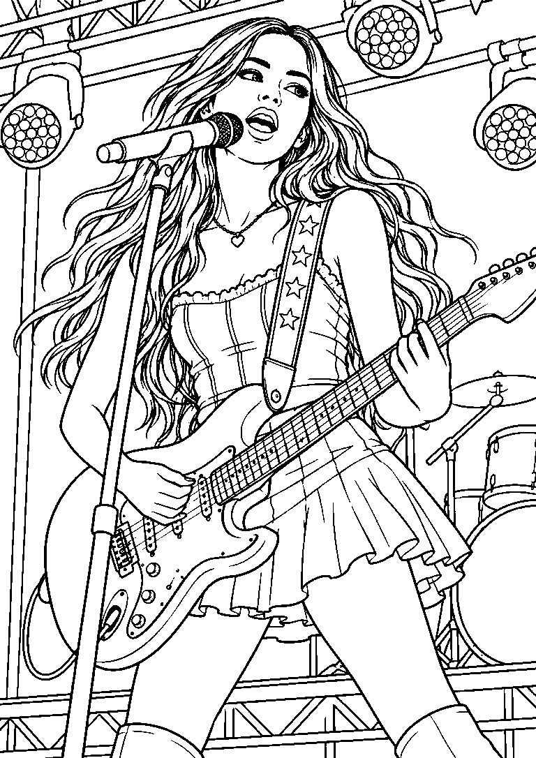 Coloring page of Olivia Rodrigo playing electric guitar and singing into a microphone, with stage lights behind her.