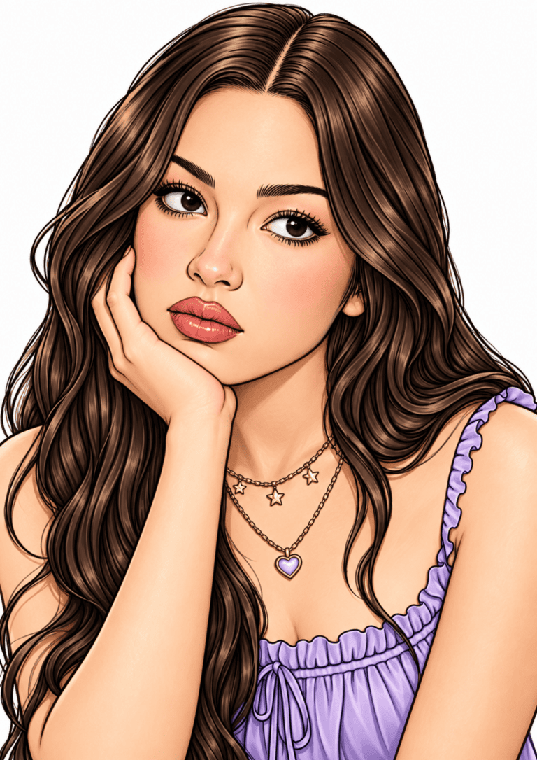 Illustrated Olivia Rodrigo portrait with dark hair, a lavender top, and star and heart necklaces.