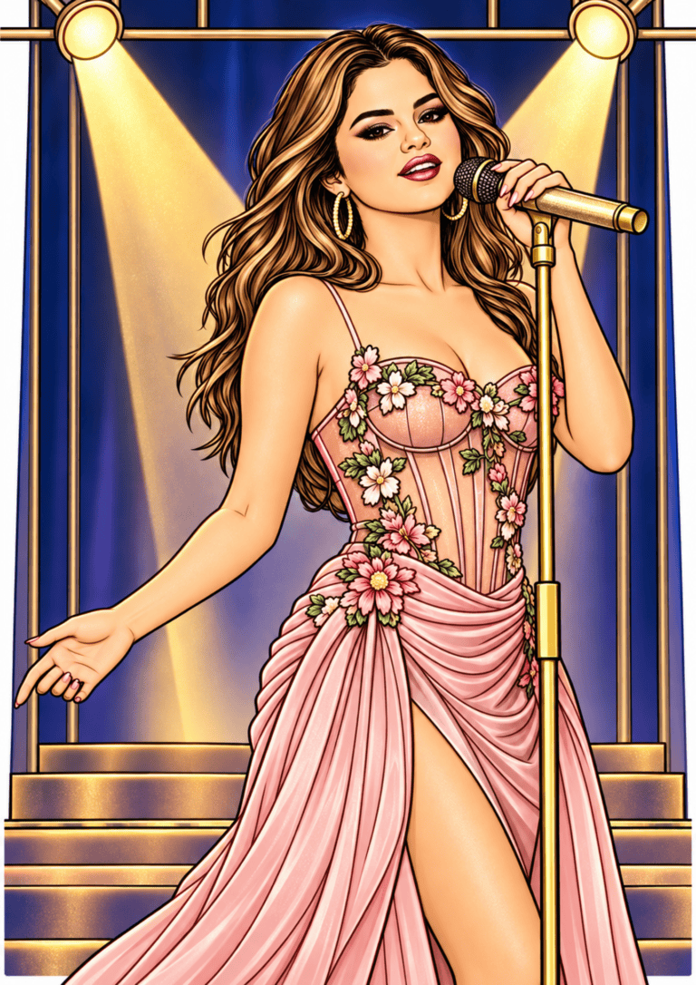 Illustrated Selena Gomez singing on stage in a pink floral gown under warm spotlights.