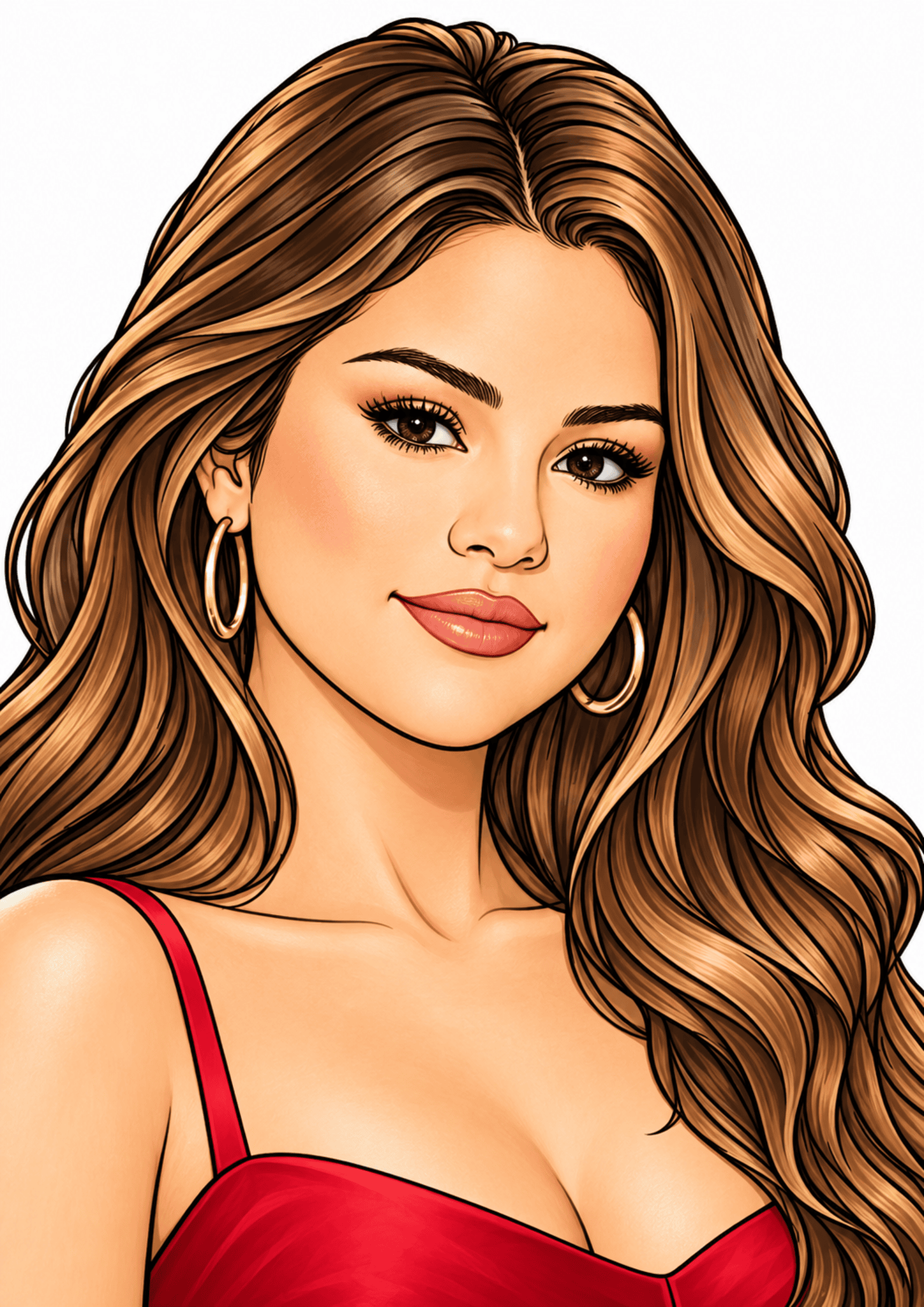 Illustrated Selena Gomez portrait with wavy brown hair, gold hoops, and a red dress.