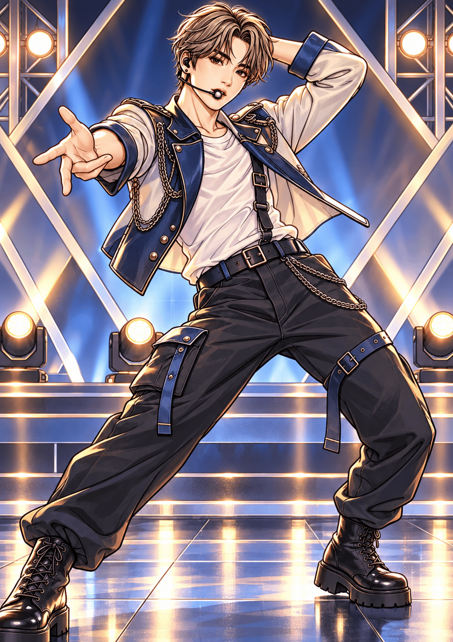 Illustrated Seonghyeon dancing on stage in a navy vest, dark trousers, and boots.