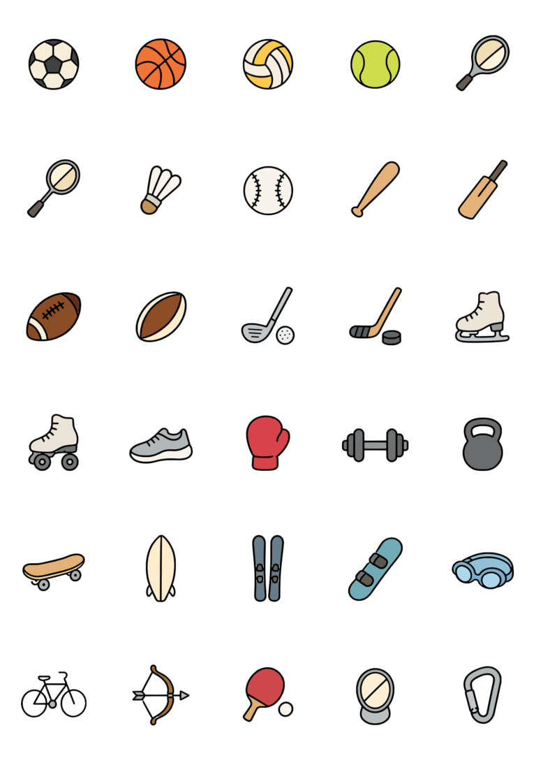 Colored example of the sports equipment tiny tattoo sheet, with 30 motifs in six rows and a palette of red, blue, green, white.