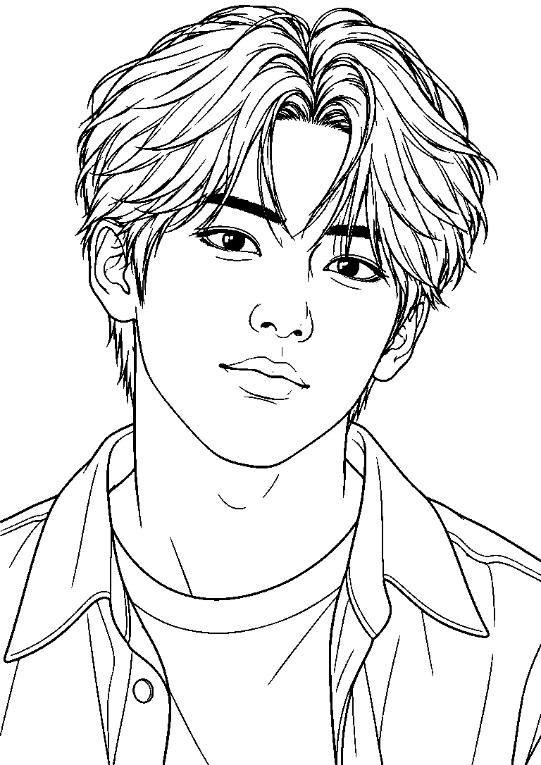 Portrait coloring page of Seonghyeon with center-parted hair, wearing an open shirt over a T-shirt.