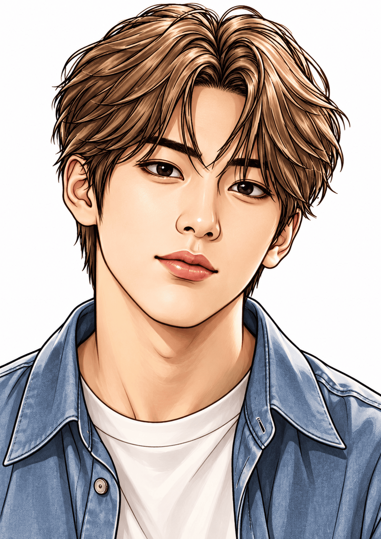 Illustrated Seonghyeon portrait with brown hair and a blue denim jacket.