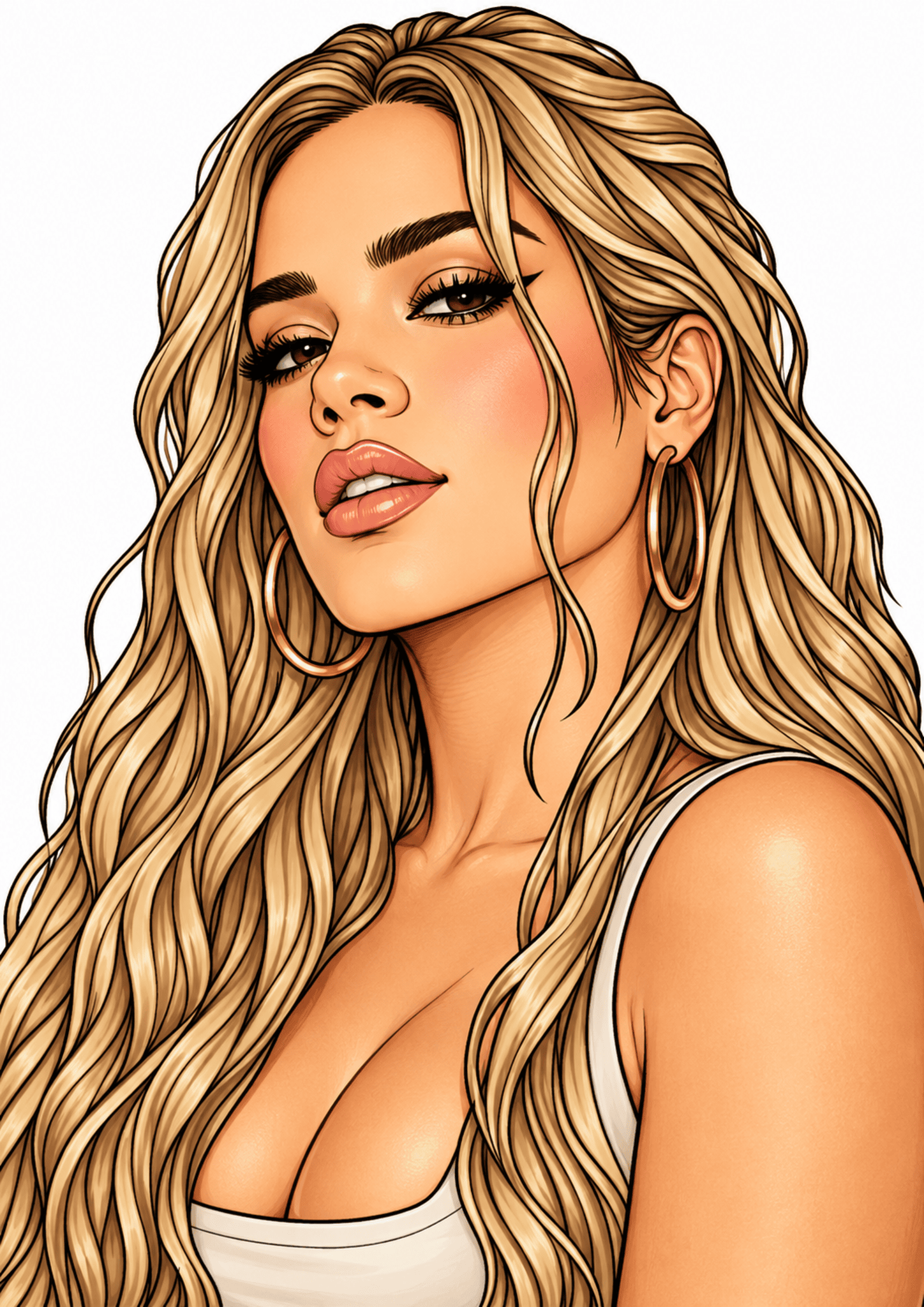 Illustrated Karol G portrait with blonde hair, gold hoops, and a light top.