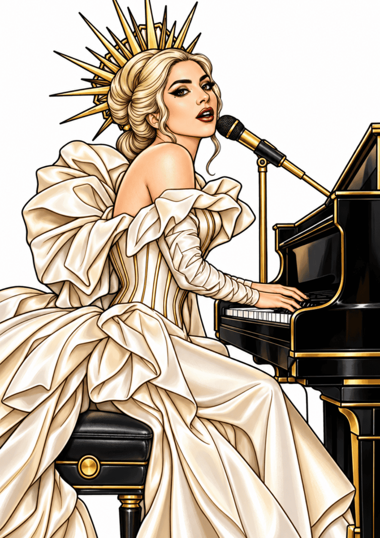 Illustrated Lady Gaga singing at a black piano in a dramatic ivory gown and gold headpiece.