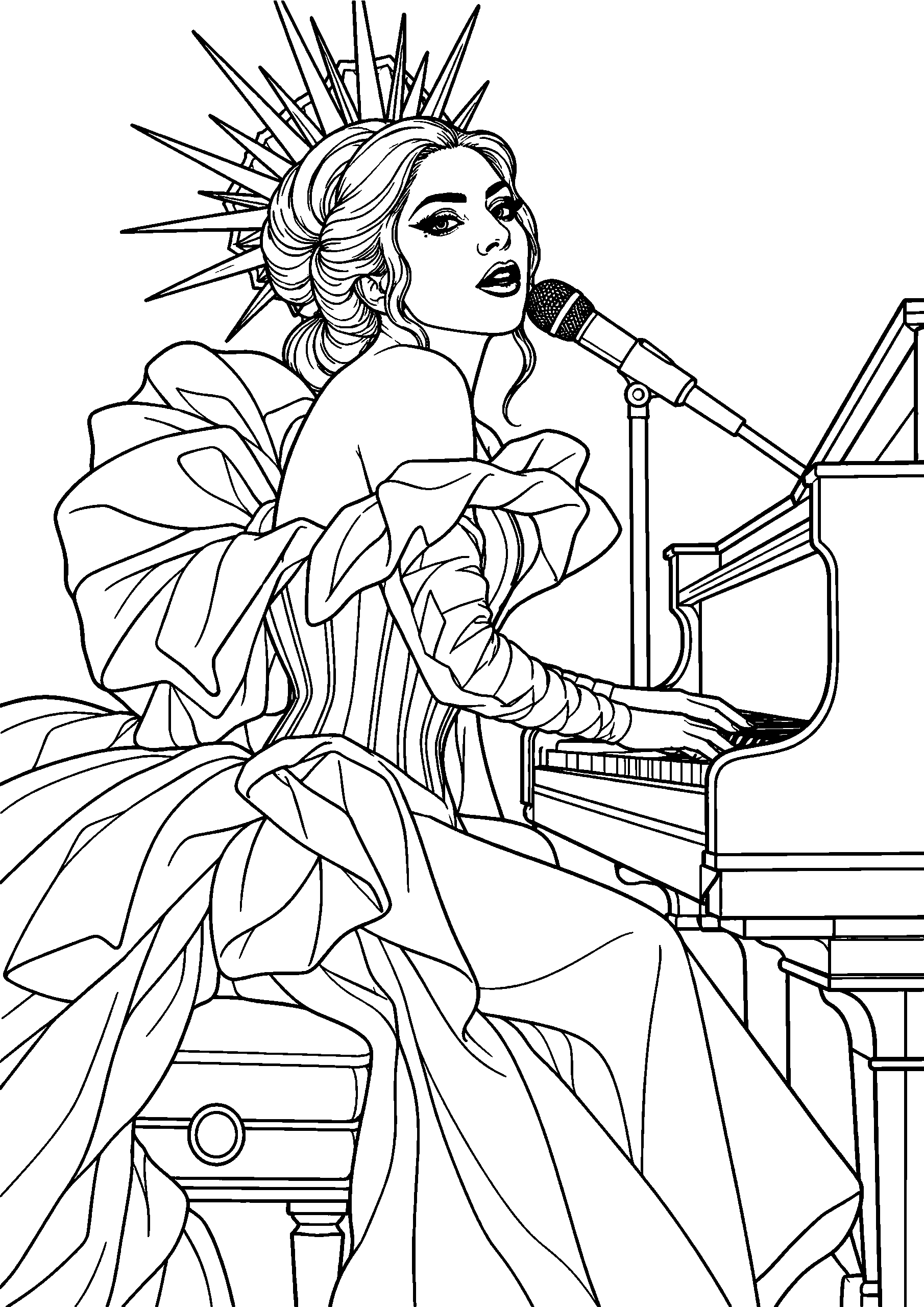 Coloring page of Lady Gaga playing a grand piano and singing into a microphone, wearing a spiked crown and a gown with bows.