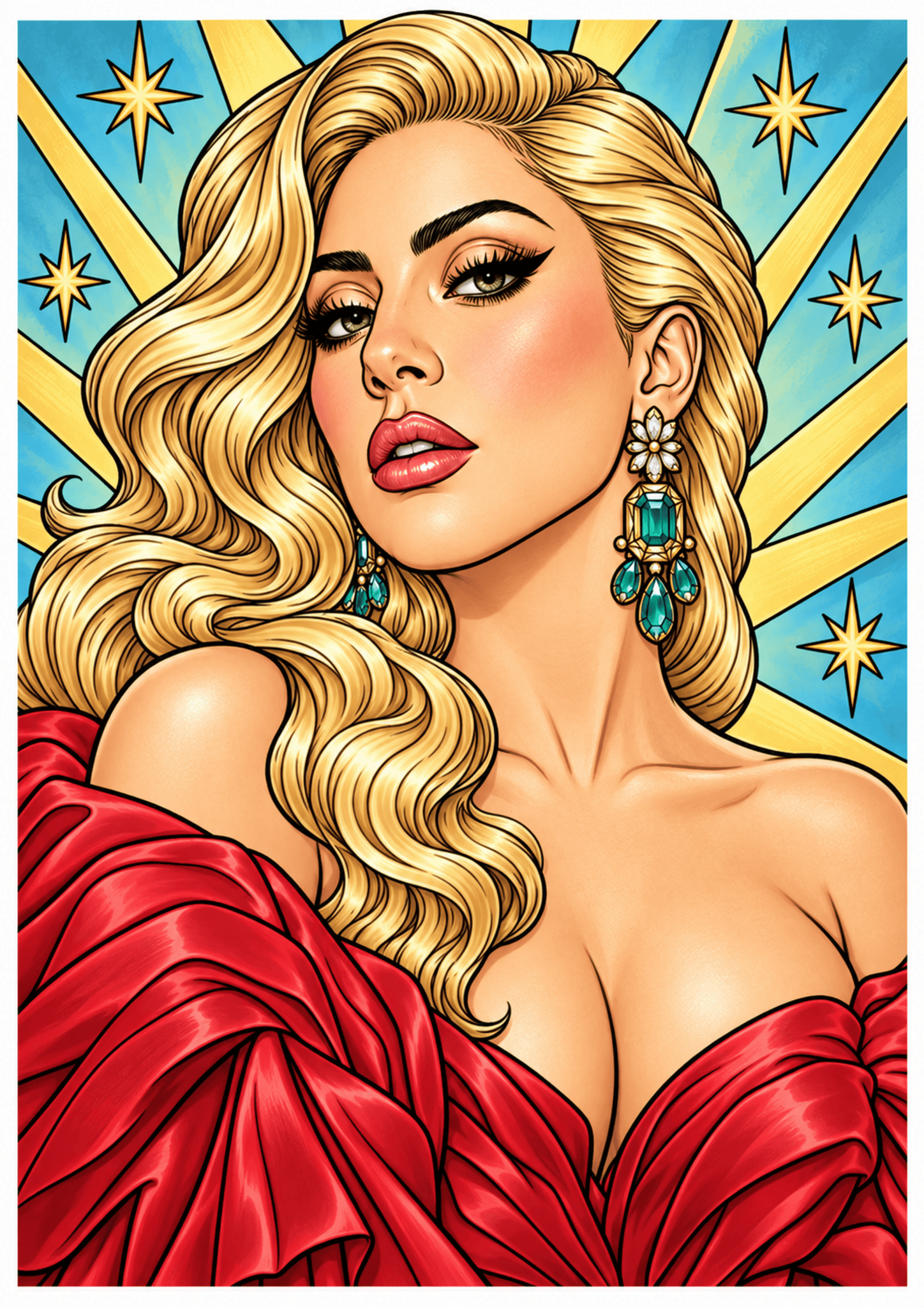 Illustrated Lady Gaga portrait with blonde waves, turquoise earrings, and a red gown against a starburst.