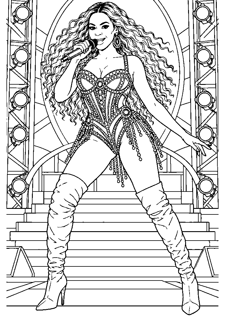 Coloring page of Beyoncé standing onstage with her legs apart, wearing an embellished bodysuit and tall boots.