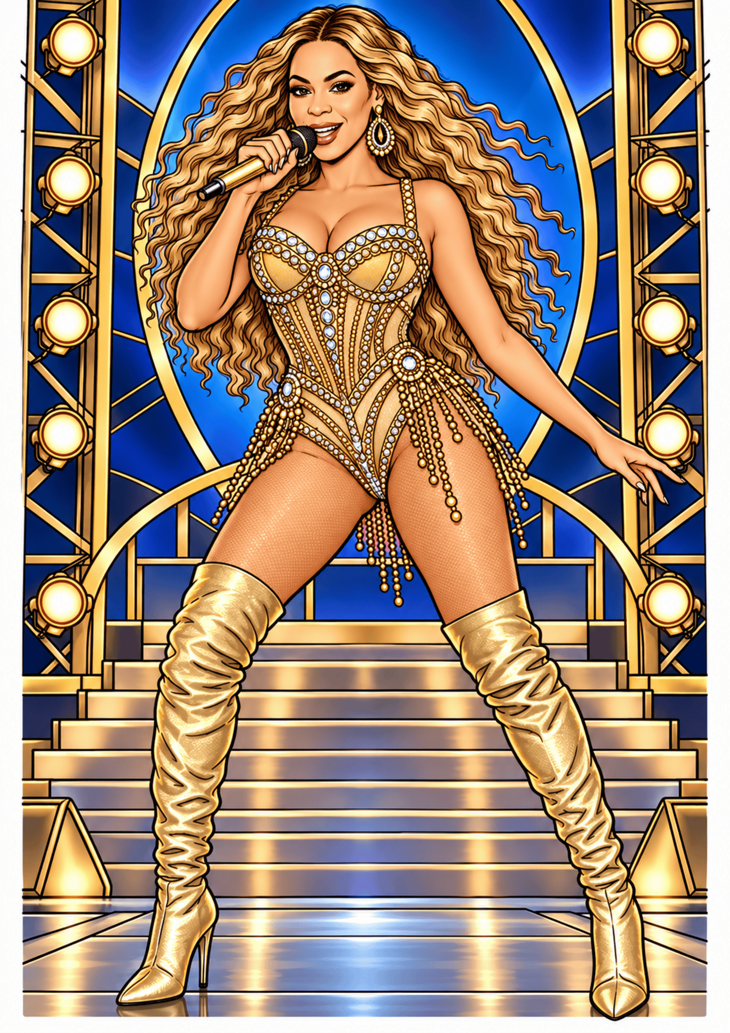 Illustrated Beyoncé singing on a blue and gold stage in a jeweled gold costume and tall boots.