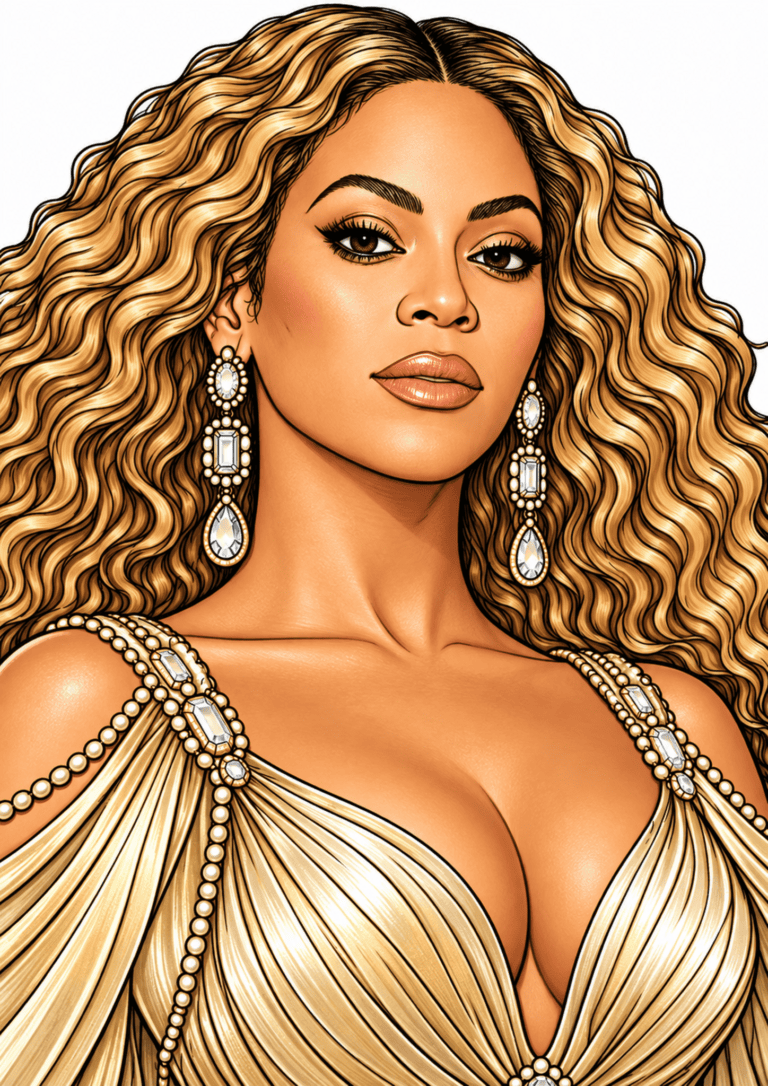 Illustrated Beyoncé singing on a blue and gold stage in a jeweled gold costume and tall boots.