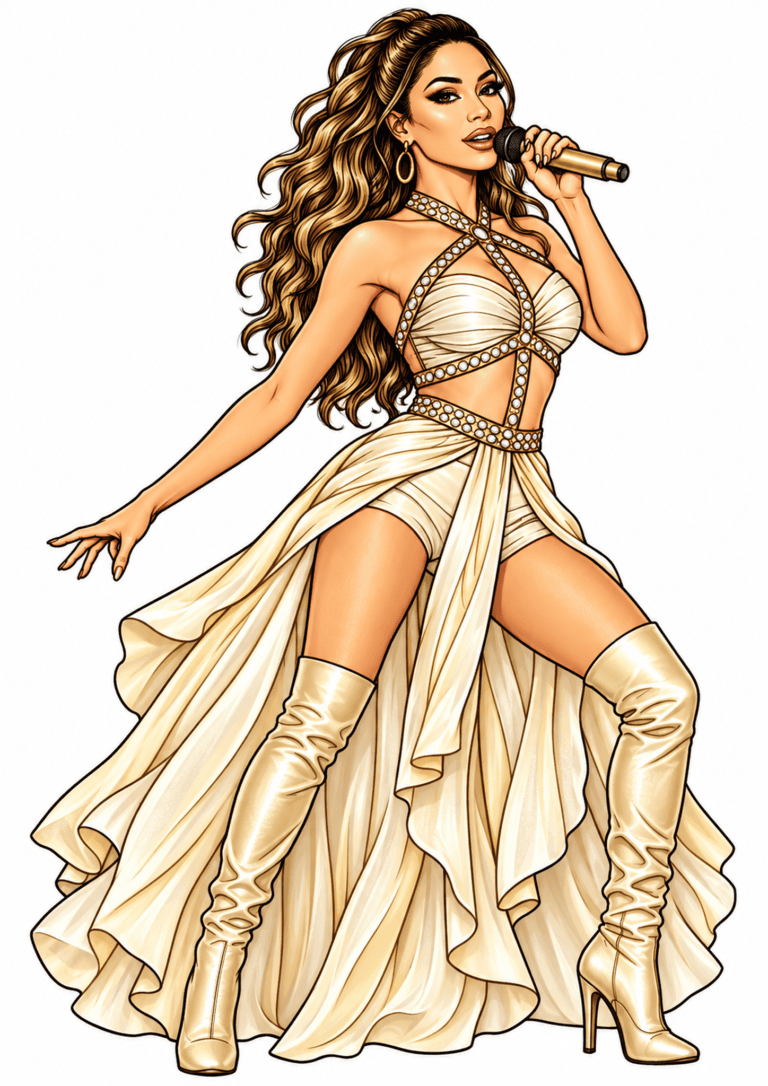 Illustrated Nicole Scherzinger singing in an ivory flowing costume and tall boots.