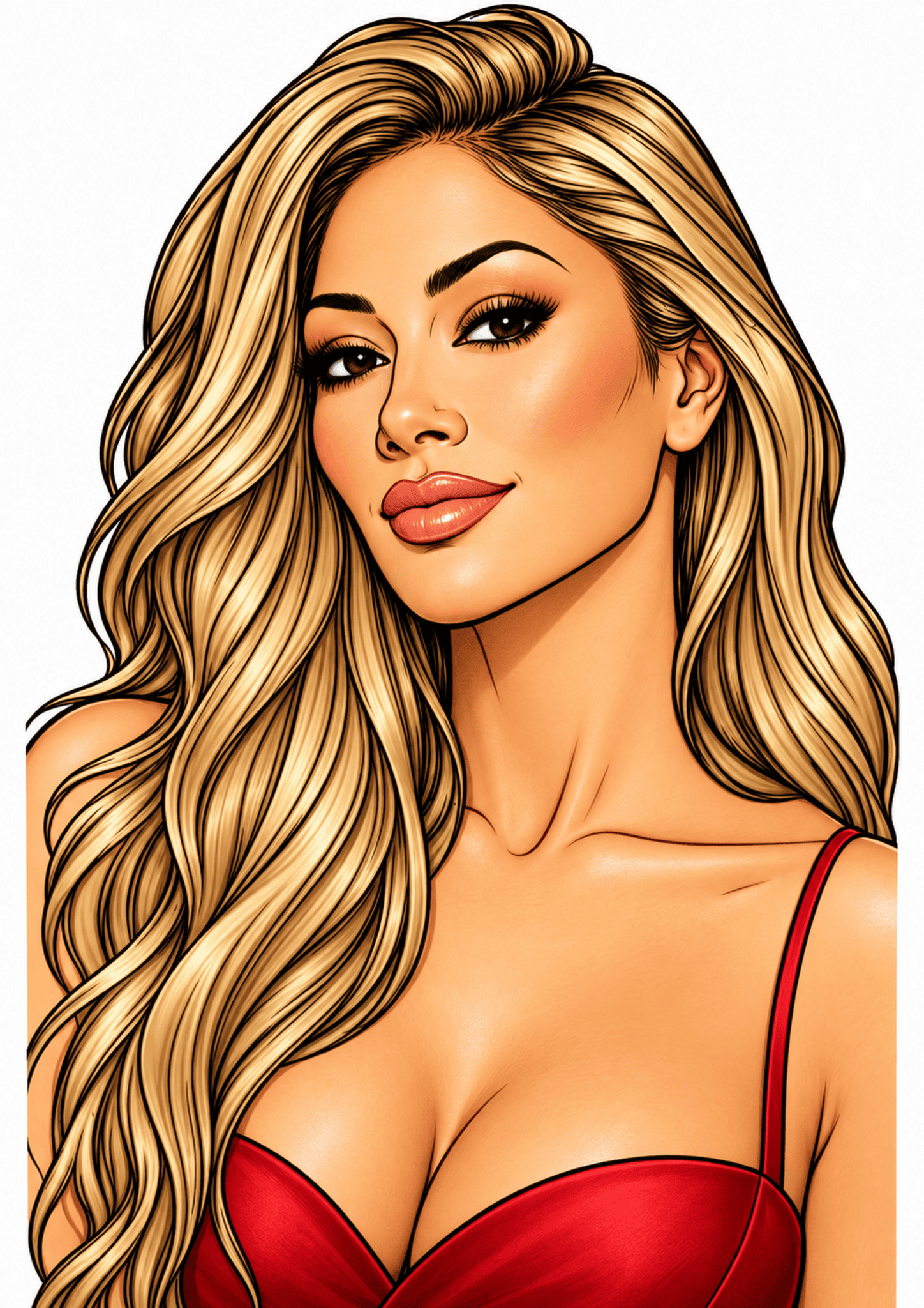 Illustrated Nicole Scherzinger portrait with long blonde hair, gold hoops, and a red dress.