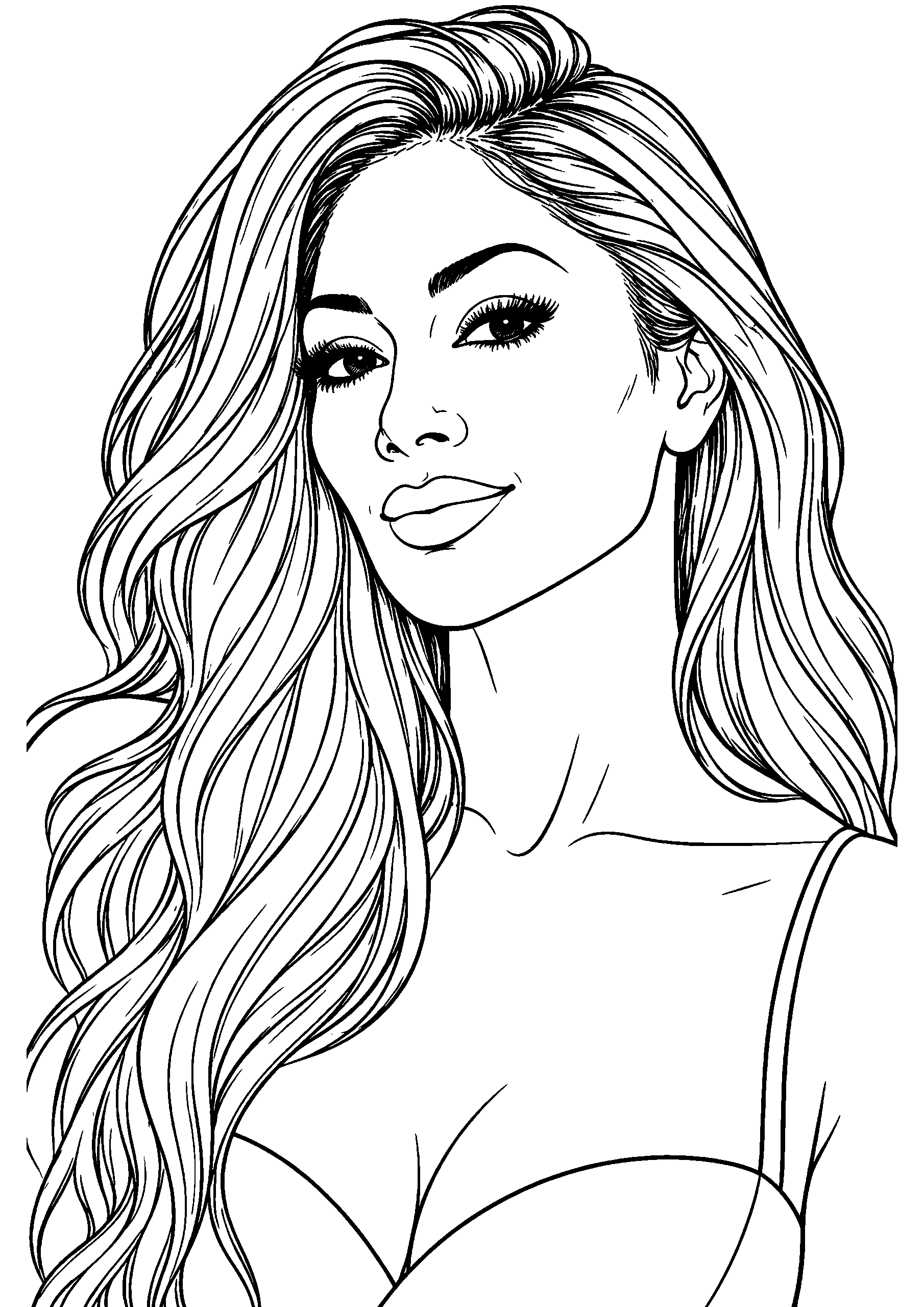 Portrait coloring page of Nicole Scherzinger with long wavy hair and earrings, wearing a thin-strapped top.