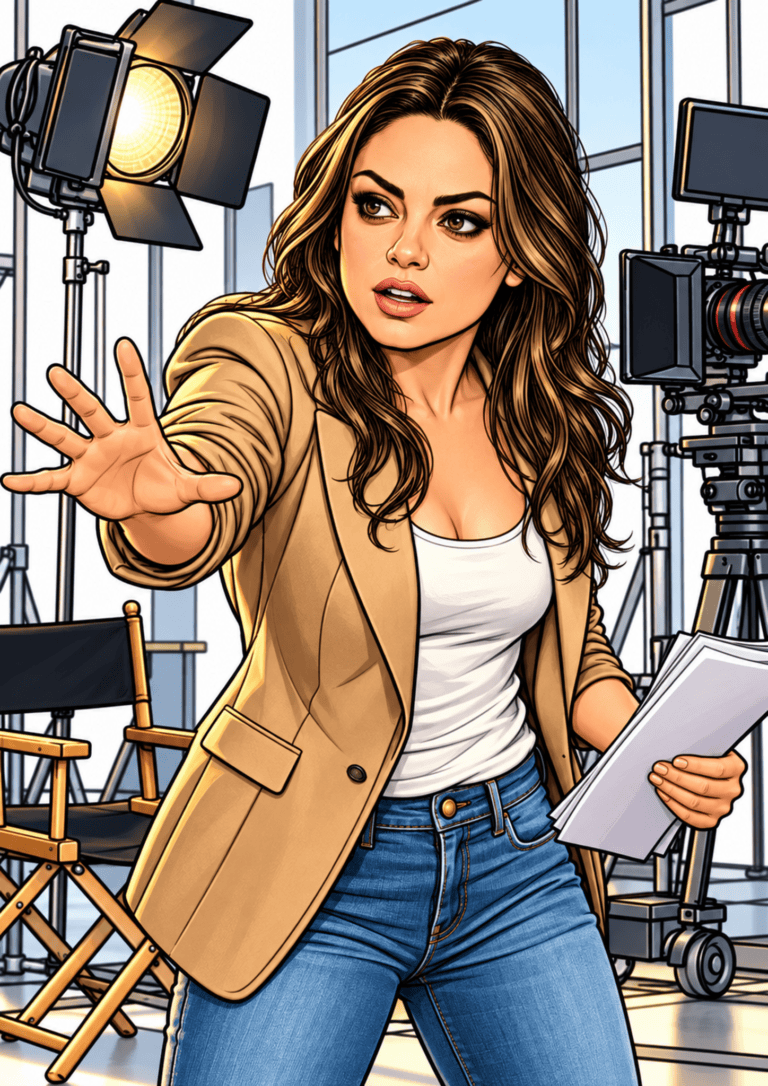 Illustrated Mila Kunis gesturing on a film set in a tan jacket and jeans.