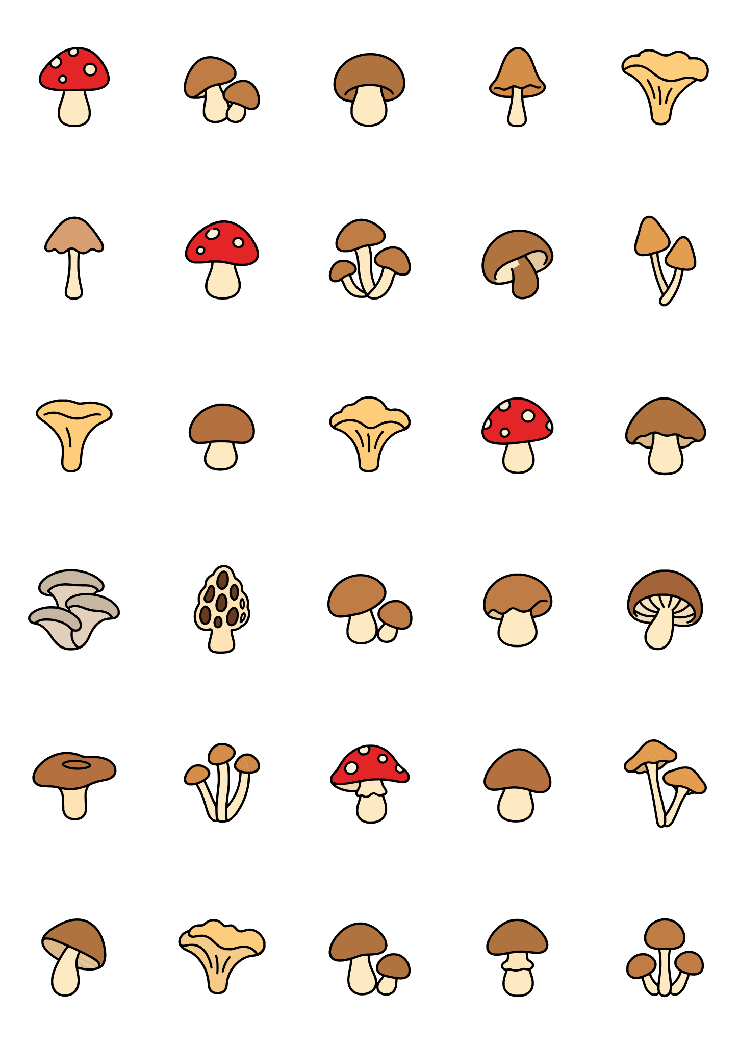 Colored example of the mushroom tiny tattoo sheet, with 30 motifs in six rows and a palette of tan, rust, brown, red.