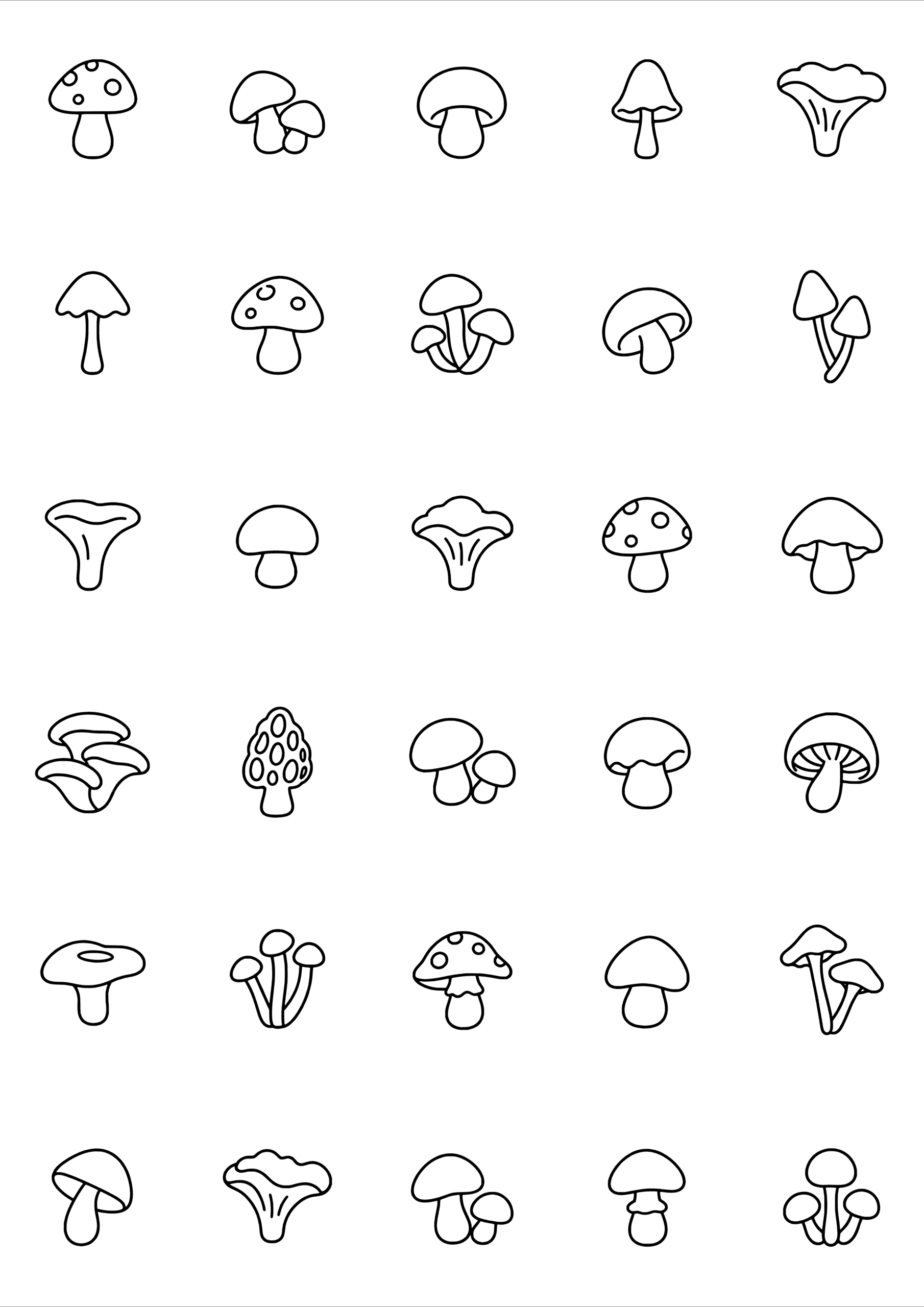 Black-and-white coloring and tiny tattoo sheet with 30 separate designs: thirty mushroom silhouettes with different caps, clusters and gill details.