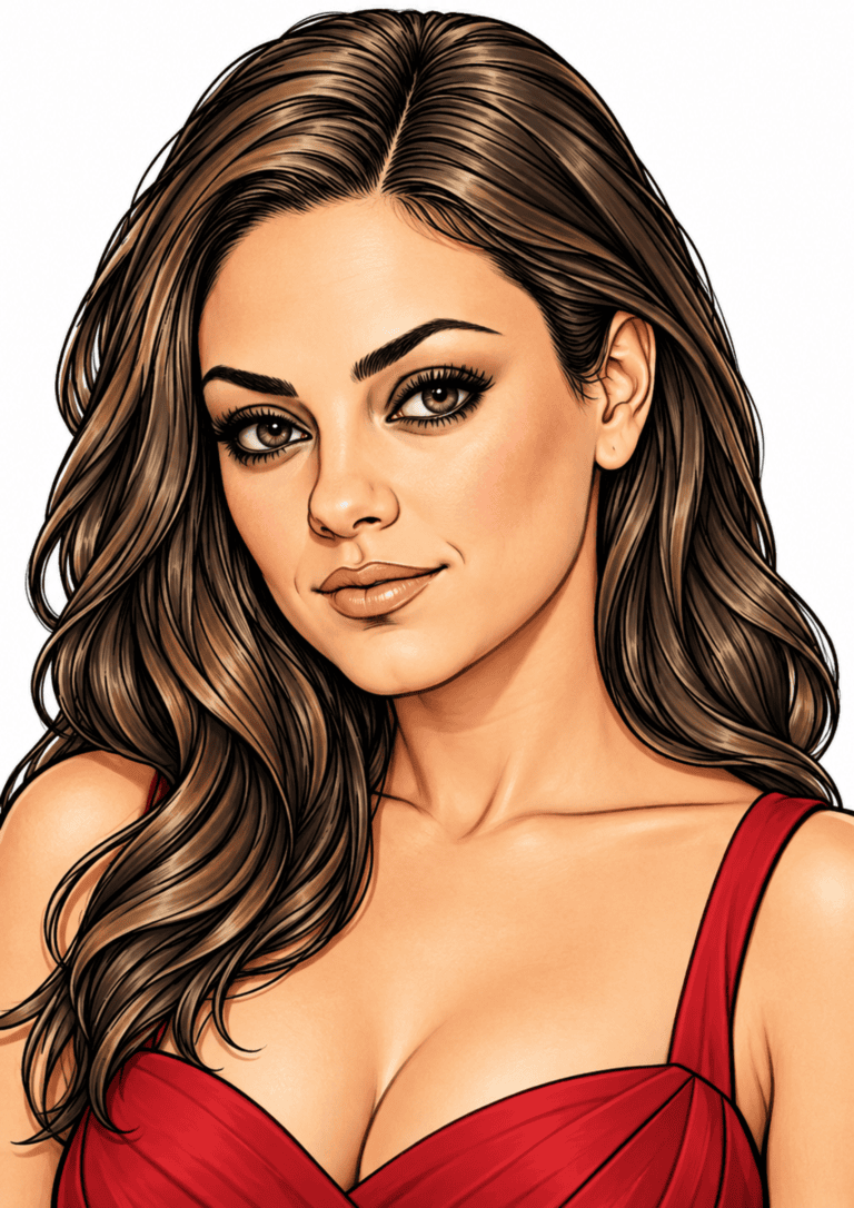 Illustrated Mila Kunis portrait with dark hair and a red dress.