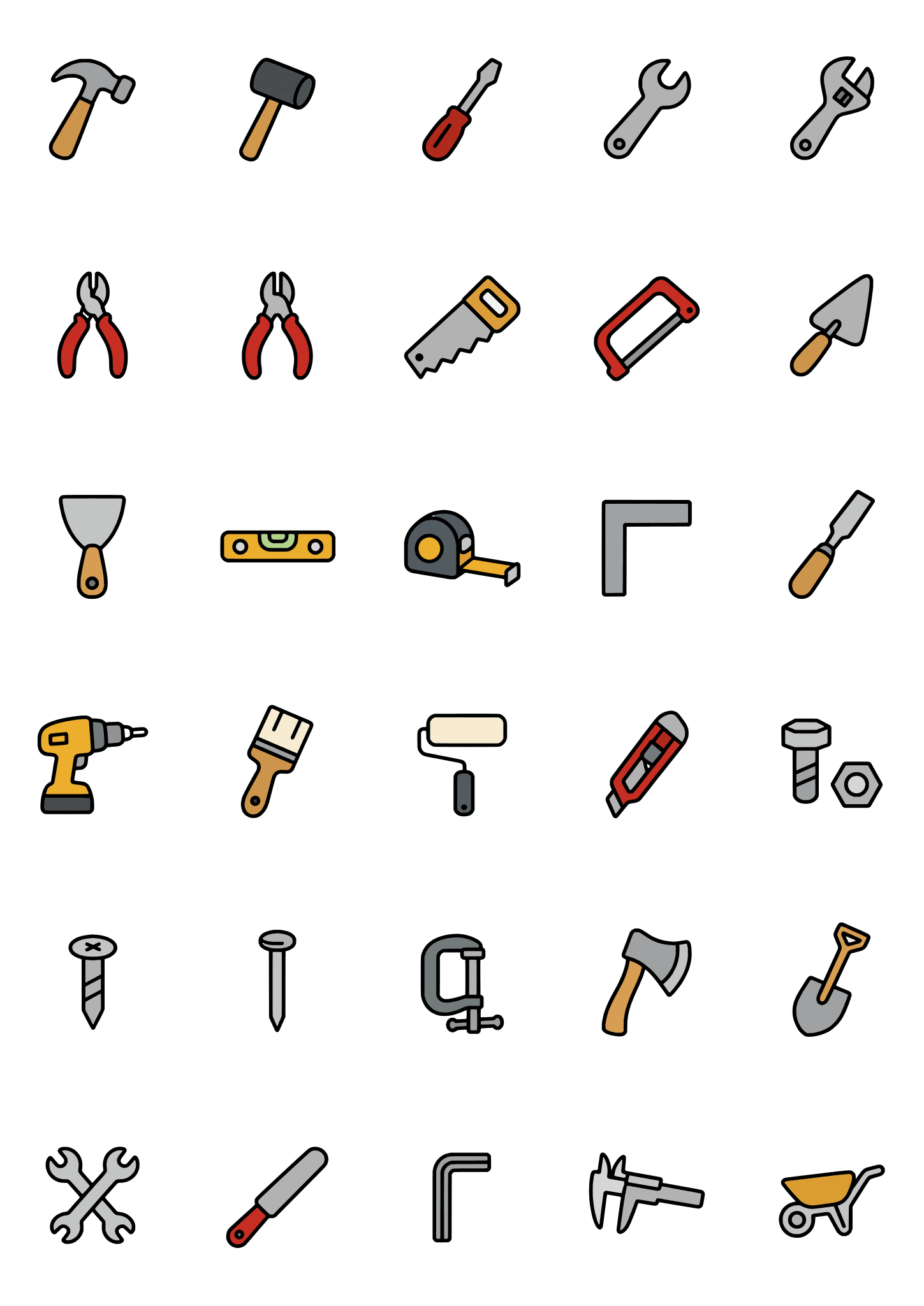 Colored example of the construction tool tiny tattoo sheet, with 30 motifs in six rows and a palette of charcoal, gray, tan, red.