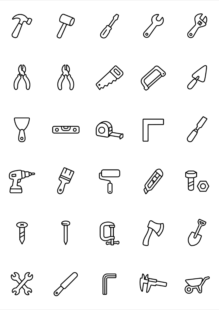 Black-and-white coloring and tiny tattoo sheet with 30 separate designs: hammers, screwdrivers, spanners, saws, drills and other hand tools.