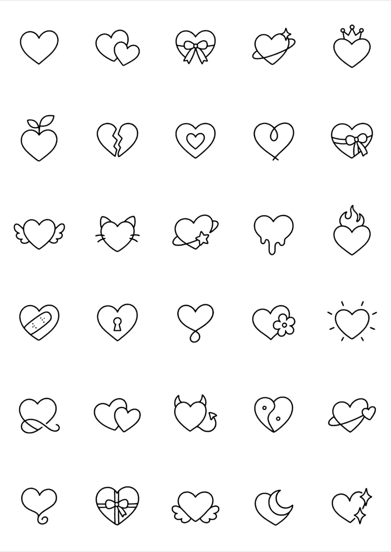Black-and-white coloring and tiny tattoo sheet with 30 separate designs: plain, paired, broken, winged and decorated hearts in thirty small variations.