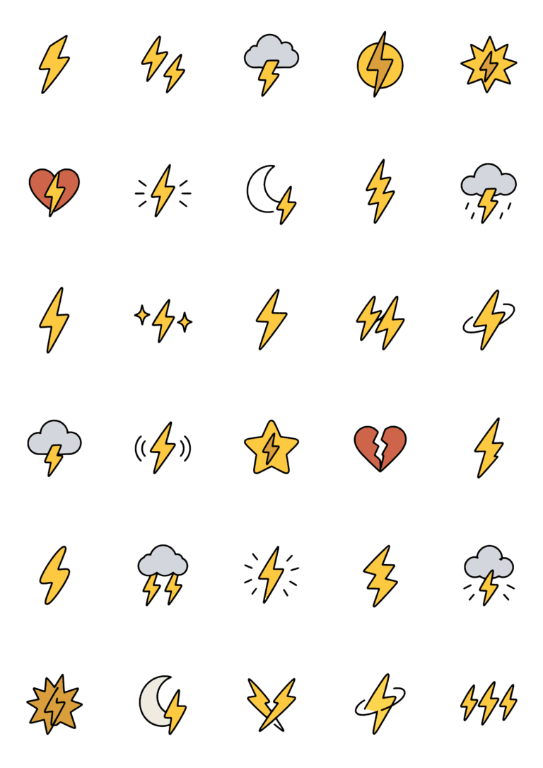 Colored example of the lightning bolt tiny tattoo sheet, with 30 motifs in six rows and a palette of gold, amber, gray, coral.