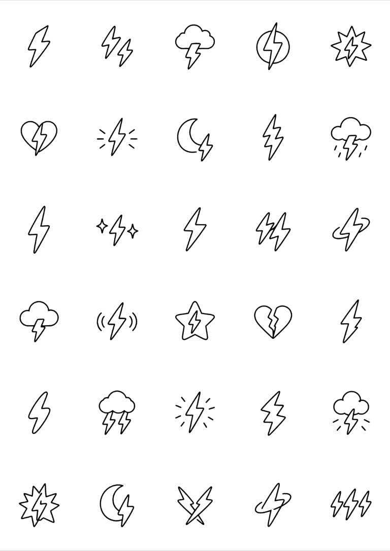 Black-and-white coloring and tiny tattoo sheet with 30 separate designs: single and paired bolts, storm clouds, stars and a few hearts crossed by lightning.