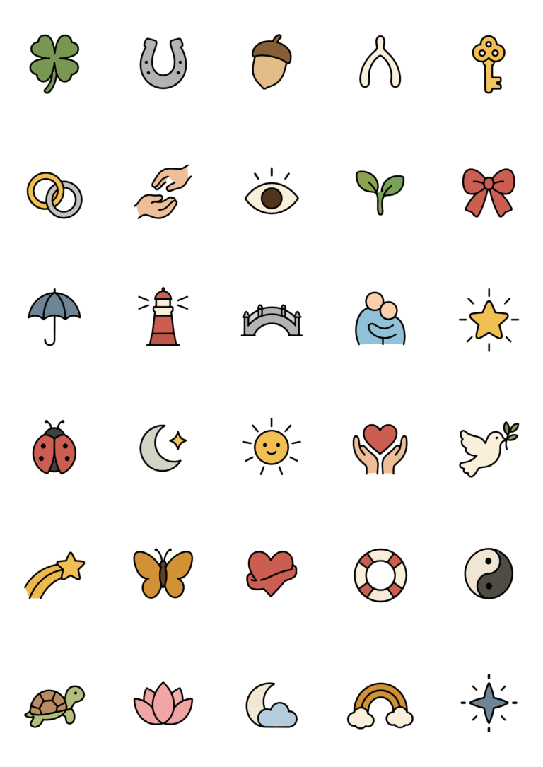 Colored example of the luck and support symbol tiny tattoo sheet, with 30 motifs in six rows and a palette of green, gold, blue, gray.