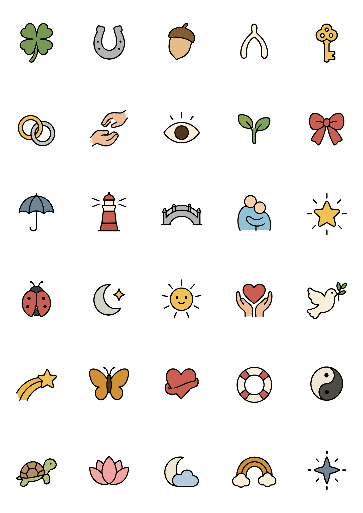 Colored example of the luck and support symbol tiny tattoo sheet, with 30 motifs in six rows and a palette of green, gold, blue, gray.