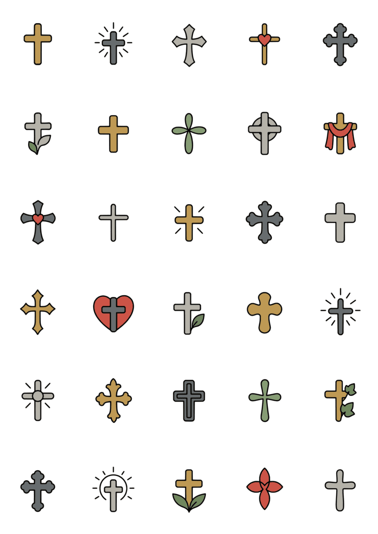 Colored example of the christian cross tiny tattoo sheet, with 30 motifs in six rows and a palette of gold, stone, gray, charcoal.