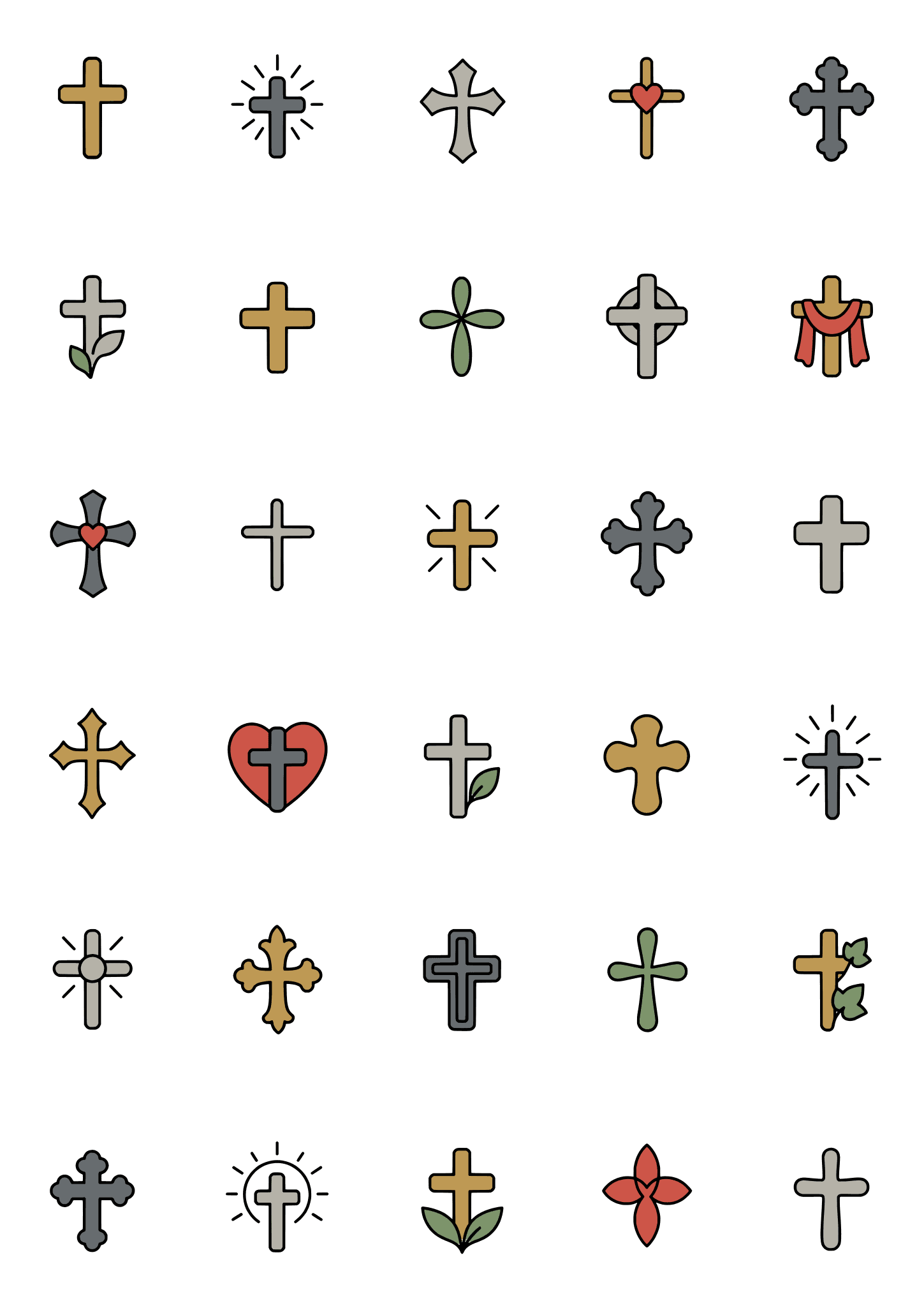 Colored example of the christian cross tiny tattoo sheet, with 30 motifs in six rows and a palette of gold, stone, gray, charcoal.