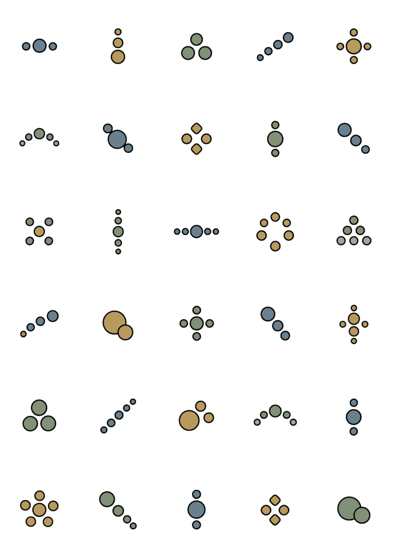 Colored example of the dot pattern tiny tattoo sheet, with 30 motifs in six rows and a palette of slate, blue, ochre, sage.