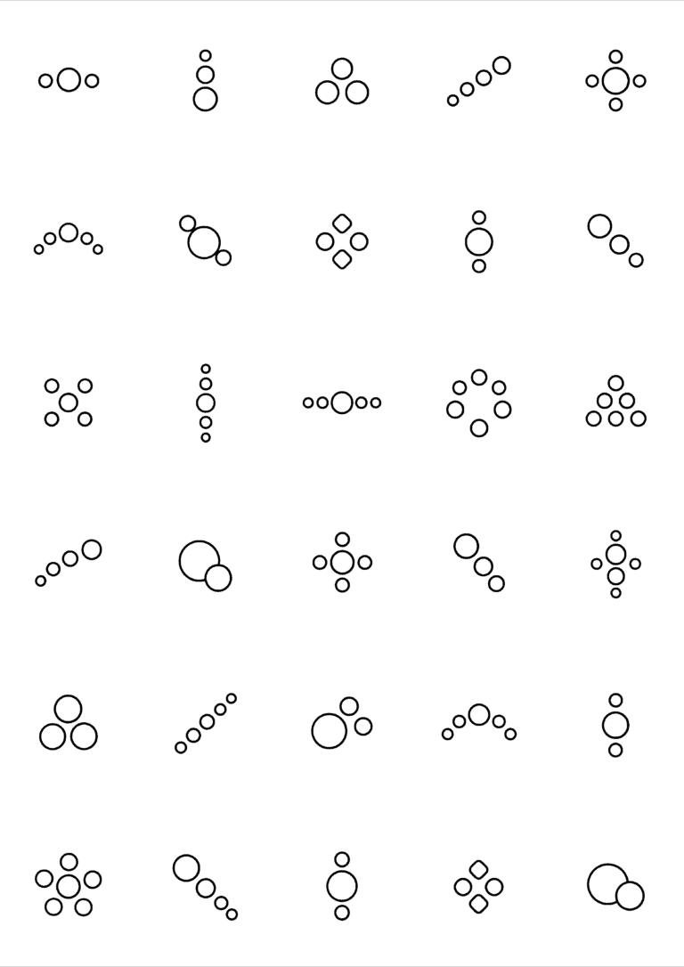 Black-and-white coloring and tiny tattoo sheet with 30 separate designs: thirty arrangements of small circles in rows, clusters, crosses and arcs.