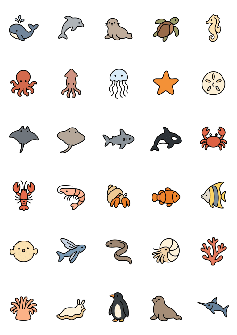 Colored example of the sea life tiny tattoo sheet, with 30 motifs in six rows and a palette of blue, gray, orange, coral.