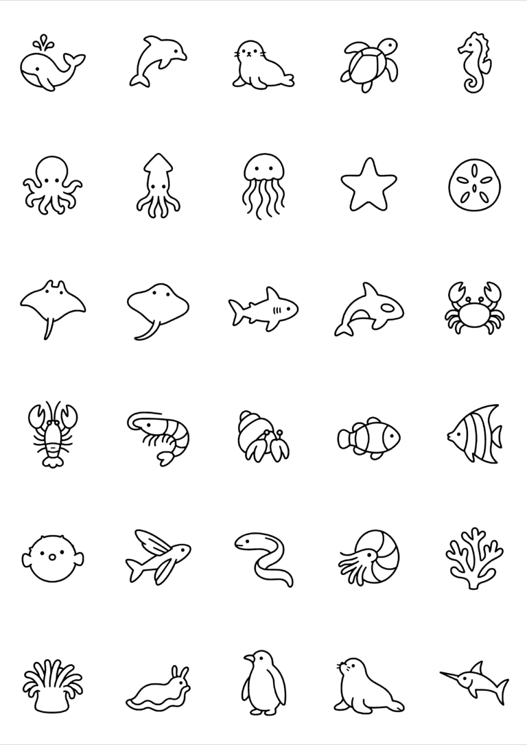 Black-and-white coloring and tiny tattoo sheet with 30 separate designs: whales, dolphins, turtles, jellyfish, crabs, fish, coral and other marine creatures.