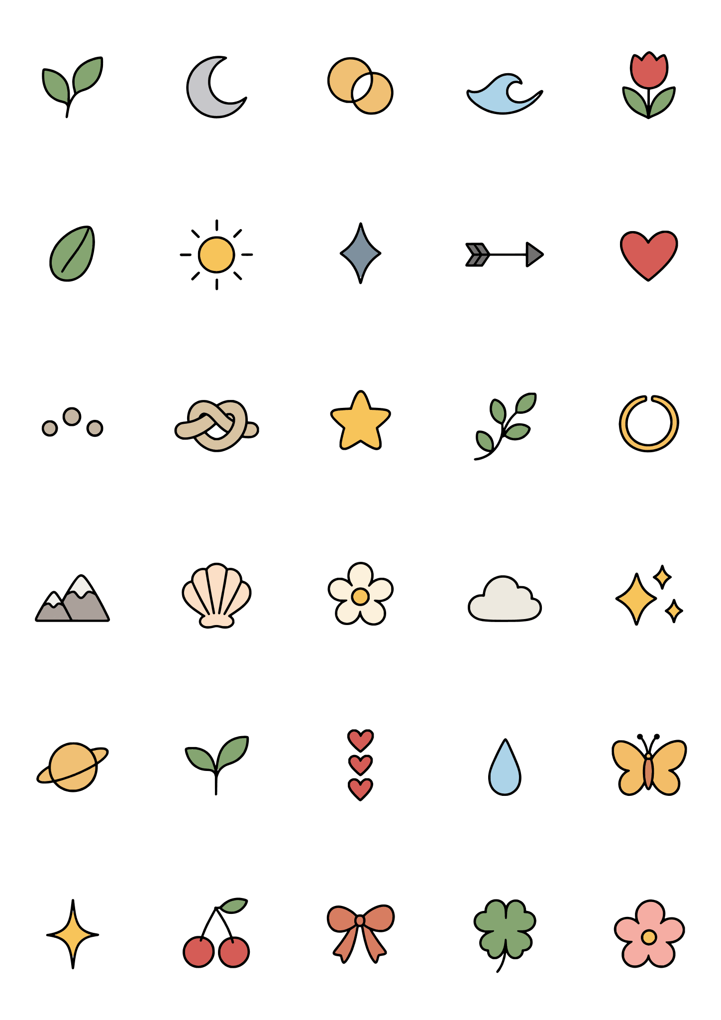 Colored example of the finger motif tiny tattoo sheet, with 30 motifs in six rows and a palette of gold, slate, blue, sage.