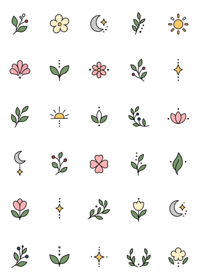 Colored example of the hand tattoo motif tiny tattoo sheet, with 30 motifs in six rows and a palette of sage, green, pink, peach.