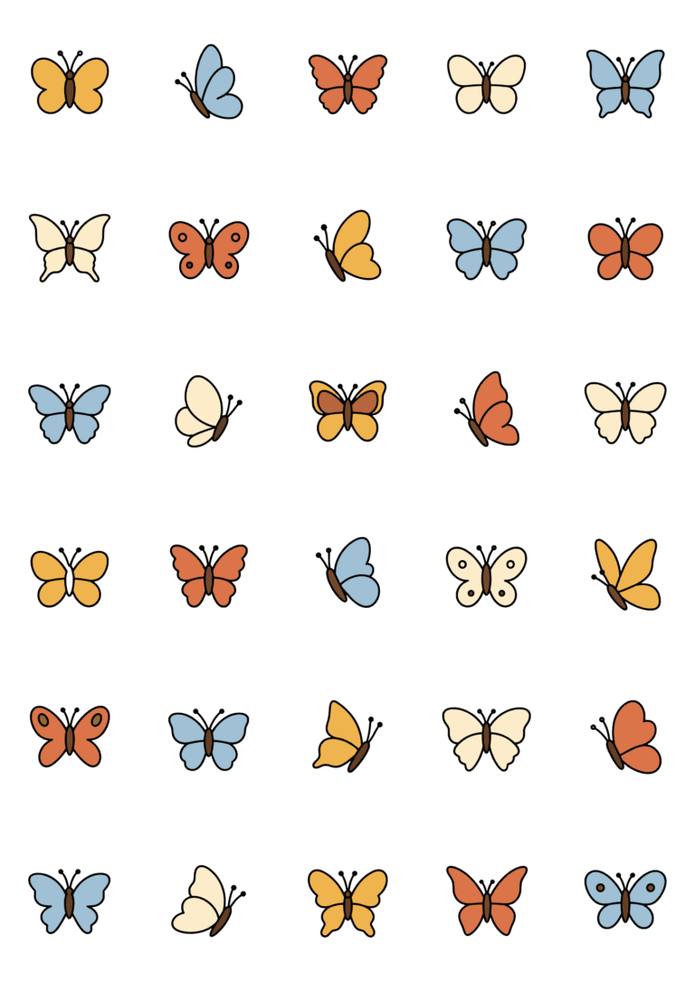 Colored example of the butterfly tiny tattoo sheet, with 30 motifs in six rows and a palette of orange, cream, blue.