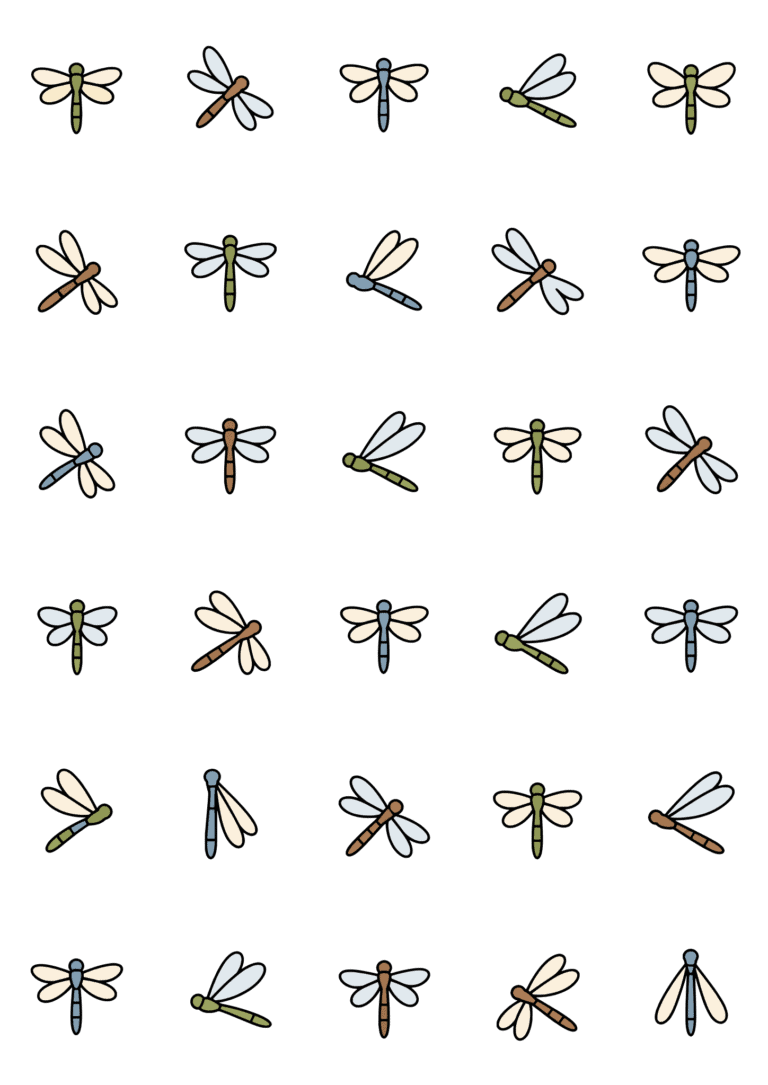 Colored example of the dragonfly tiny tattoo sheet, with 30 motifs in six rows and a palette of blue, sage, tan, white.